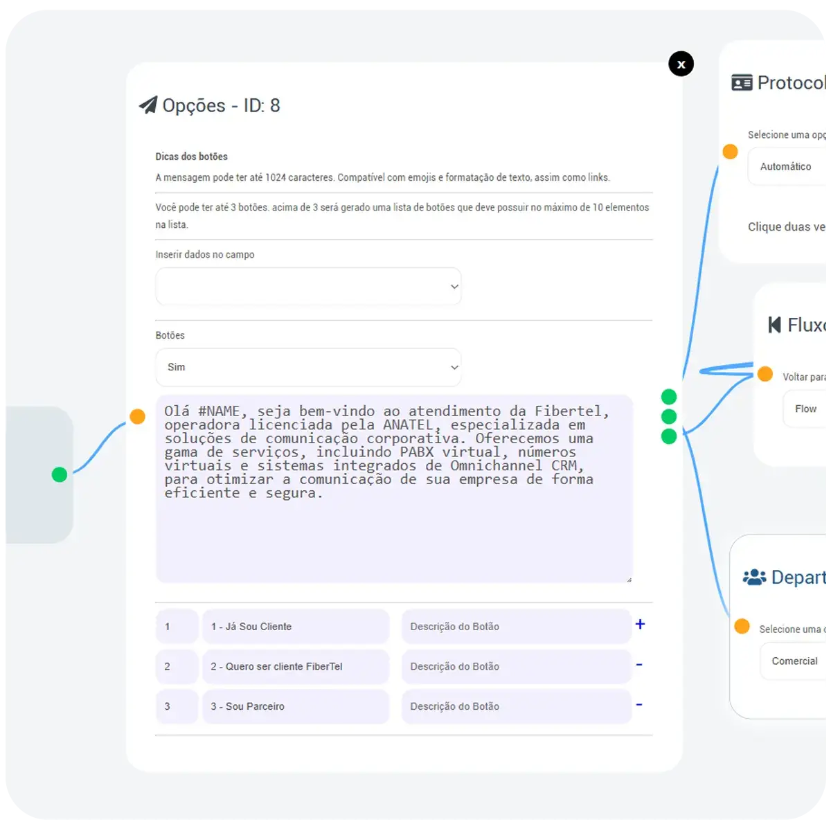 configuração de chatbot por fluxo